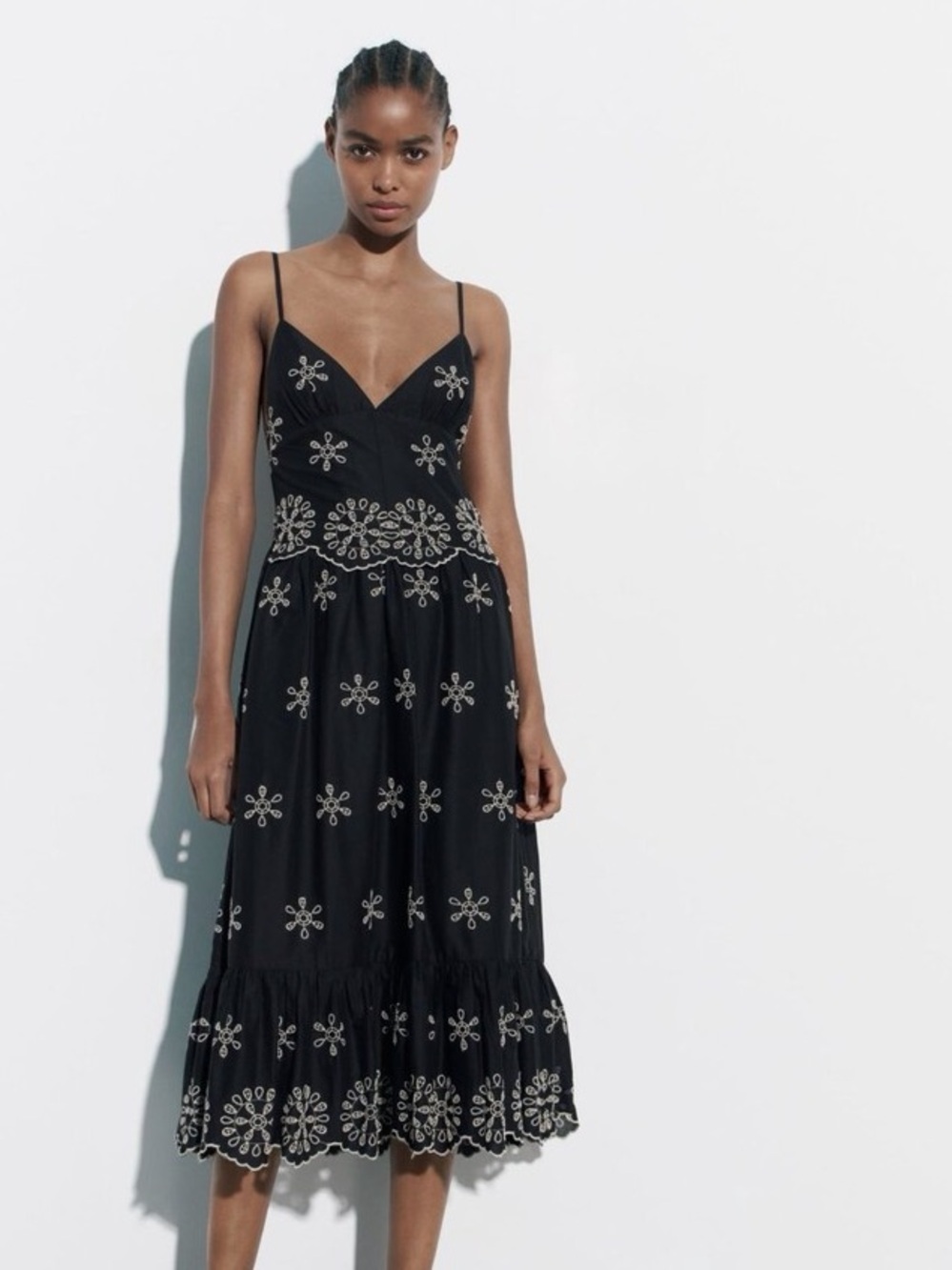 Zara Embroidered Midi Dress Black White V Neck Open Back Sleeveless Tank XS NWT